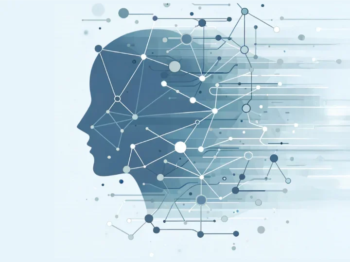 Human face with network of nodes and edges surrounding it.